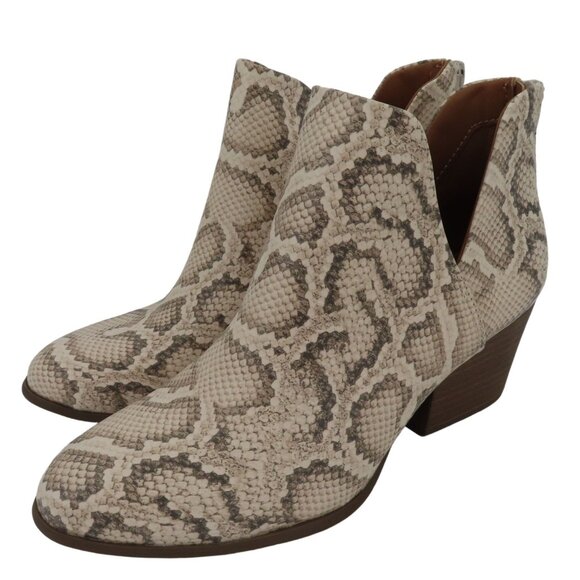 SO Womens 8 BARB Bone Snake Print Faux Leather Cut Out Ankle Booties Boots NEW - Picture 1 of 14